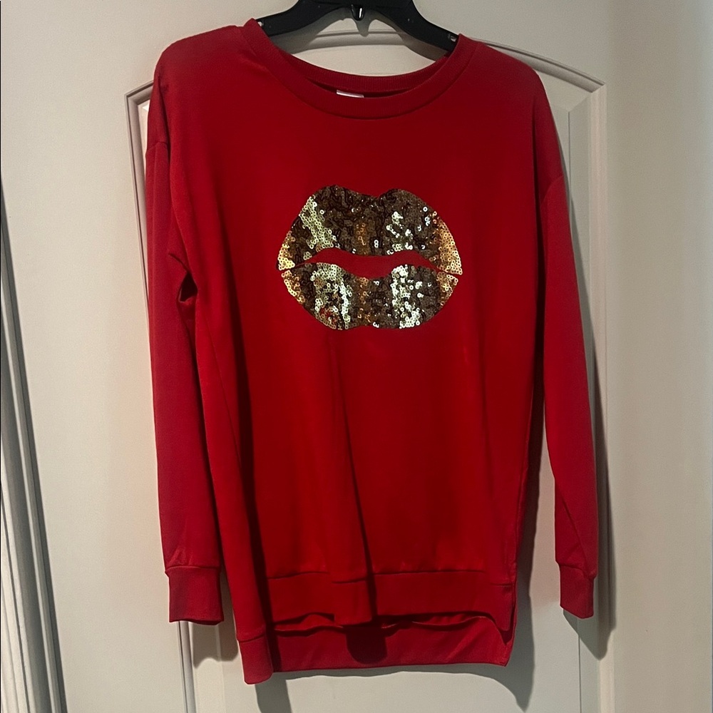Red Sweatshirt with Gold Sequin Lips